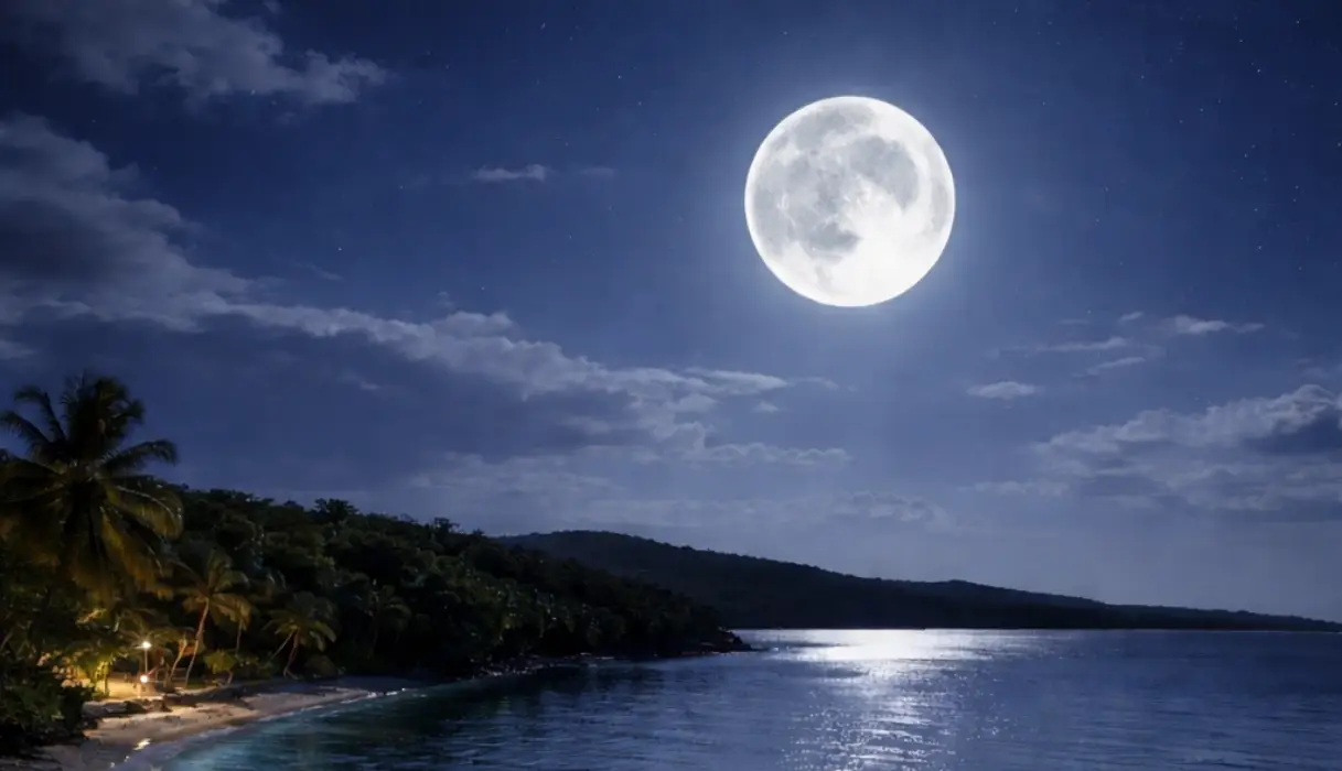 Full moon illuminating a tropical bay
