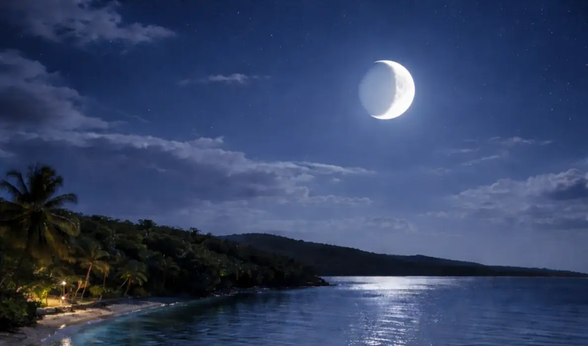 Quarter moon above a tropical bay at night