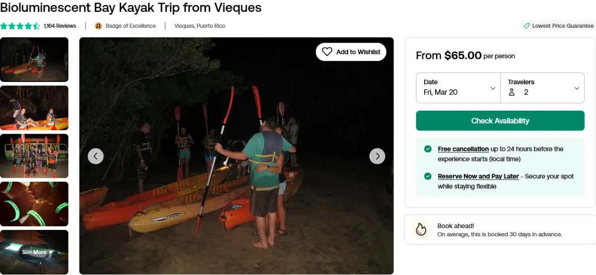 Traditional kayak tour on the glowing water of Mosquito Bay